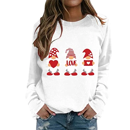Valentine's Day Women's Sweatshirt Crew Neck Letter Print Long Sleeve Casual Sweat Tops (A-White, XXL) Hoodie Women Ladies Hoodie End Of Year Gifts for Women Hiking Walking Bargains of The Day Sale
