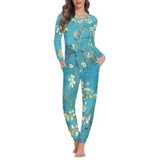 Van Gogh Almond Blossom Pyjamas for Women Long Sleeve Sleepwear Two-Piece Pj Sets Long Pants With Pockets Ladies Nightwear 2XL Soft Sleep &Lounge Set Blue