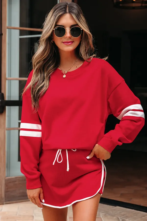 Varsity Stripe Detail Drop Shoulder Pullover Mini Skort Co-ord Set - Red / L