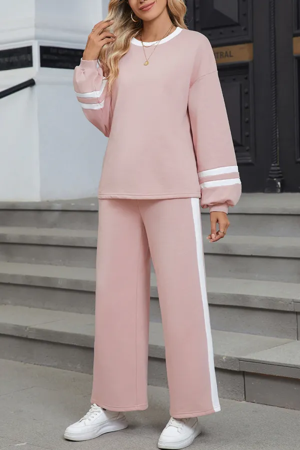 Varsity Striped Puff Sleeve Pullover & Drawstring Wide Leg Trouser Co-ord Set - Pink / M