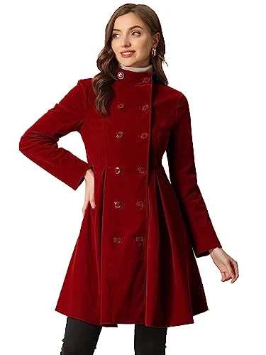 Velvet A-Line Coat for Women's Steampunk Double Breasted Winter Trench Coats Dark Red XS