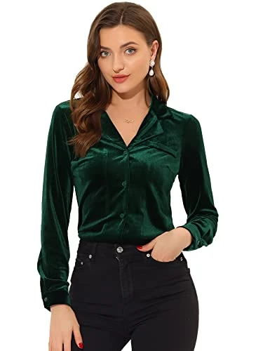 Velvet Blouse for Women's Collared Long Sleeve Button Down Shirt Top Dark Green 8