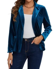 Velvet Coat for Women Casual Formal Notched Lapel Button Down Jacket Suits Long Sleeve Blazer Tailored Outfit with Pockets,L,Blue