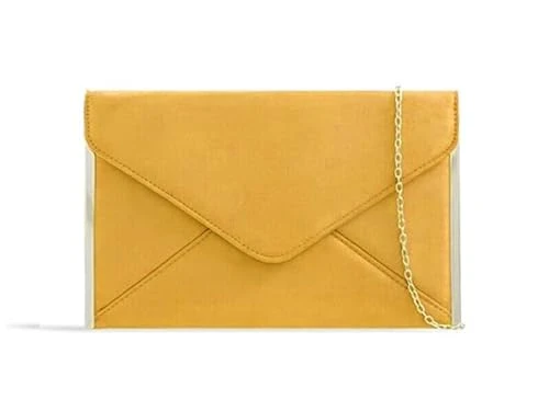 Velvet Envelope Womens Clutch Bag Handbag with Chain Shoulder Strap (Mustard)