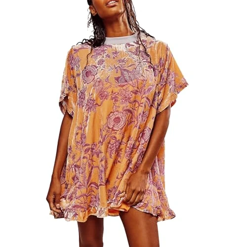 Velvet Mini Dress for Women Floral Printed Short Sleeve Crew Neck Oversized T-Shirt Dress Summer Loose Flowy Dress (Orange, XL)