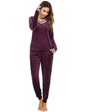 Velvet Pyjamas for Women Casual Soft V Neck Long Sleeve Lounge Wear Pjs Set for Fall Winter 2 Piece Nightwear Pullover Top and Bottom with Pockets Wine Red