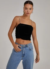 Velvet Rhinestone Straps Ruched Crop Top Black