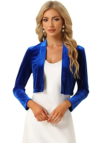 Velvet Shrug for Women's Long Sleeve Open Front Cardigan Cropped Bolero Jacket Royal Blue M