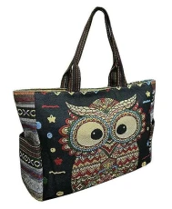 Very Large Woven Canvas Tote Hand Shoulder Shopping Elephant Owl Bag (Black & Owl)