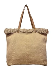 Very Large Woven Fringe ZipTote Shoulder Shopper Beach Summer Travel Holiday Bag For Women (Beige)