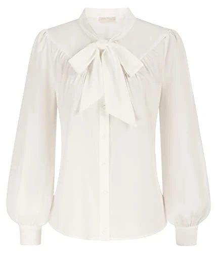 Victorian Blouse for Women Vintage Long Sleeve Button Down Shirt with Bow-Knot Ivory L