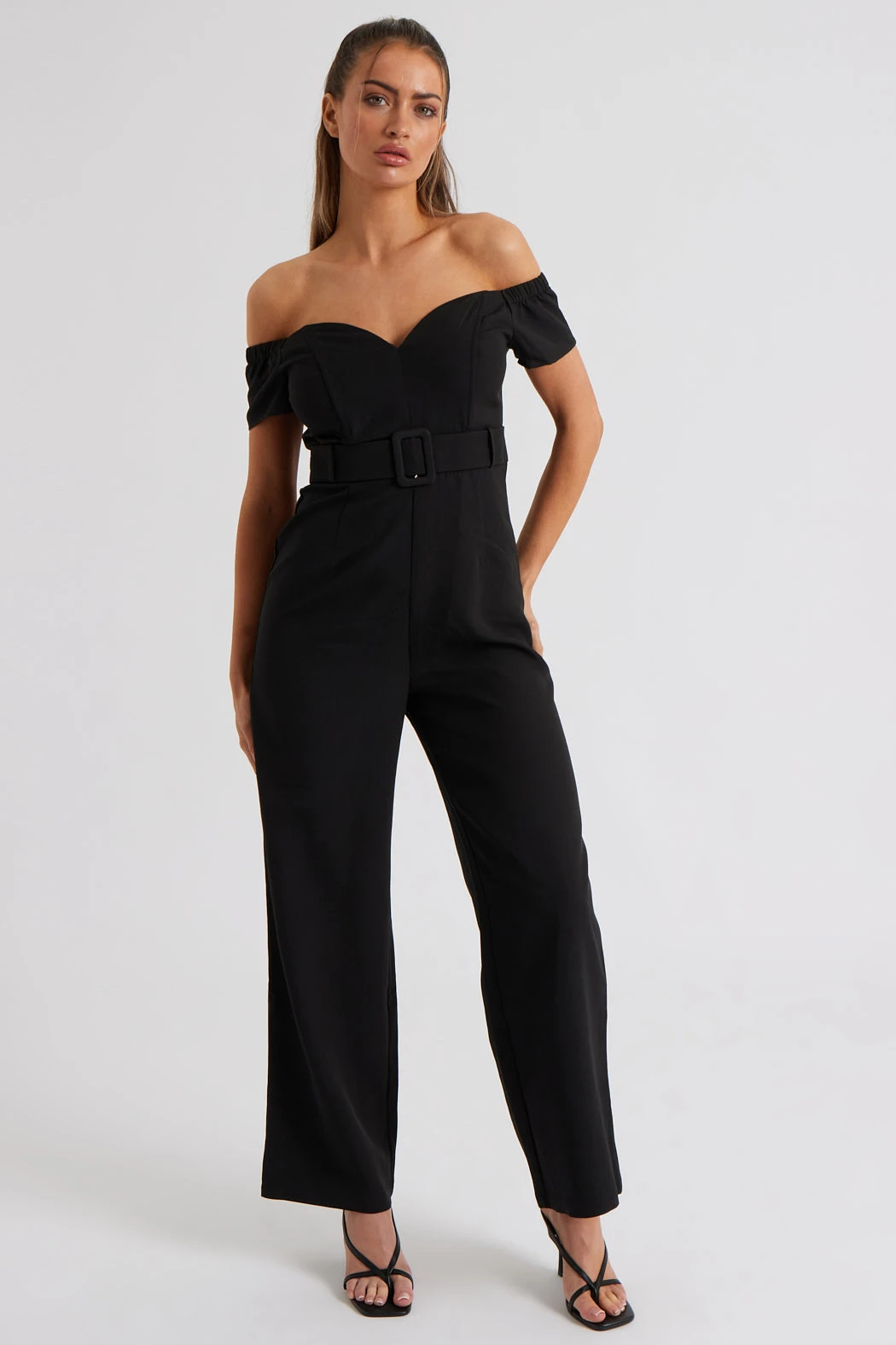 Vienna Black Self Belted Bardot Jumpsuit /