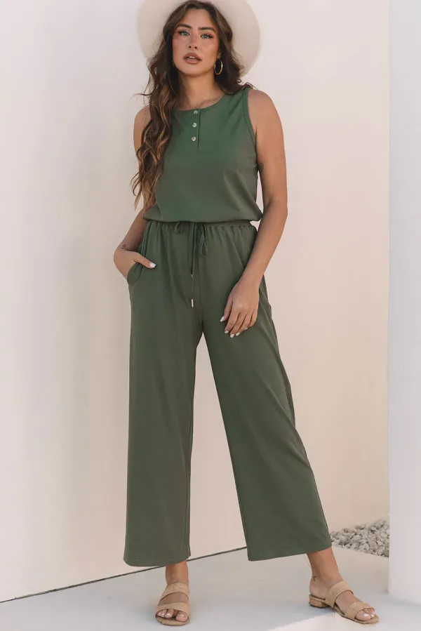 Vineyard Green Buttoned Drawstring Waist Sleeveless Wide Leg Jumpsuit - Vineyard Green / / 95%Polyamide+%Elastane - Vineyard Green