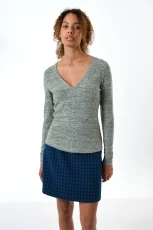 Vinita Soft Marl V-Neck Long Sleeve Top - Green - green Elastane 2
