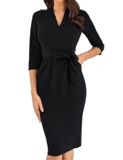 Vintage Bodycon Pencil Work Dress for Women 3/4 Sleeve Evening Formal Sheath V-Neck Dress Black XXL