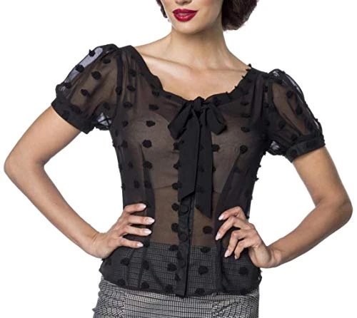 Vintage bow blouse short puff sleeves transparent effect fabric. - Black - 8