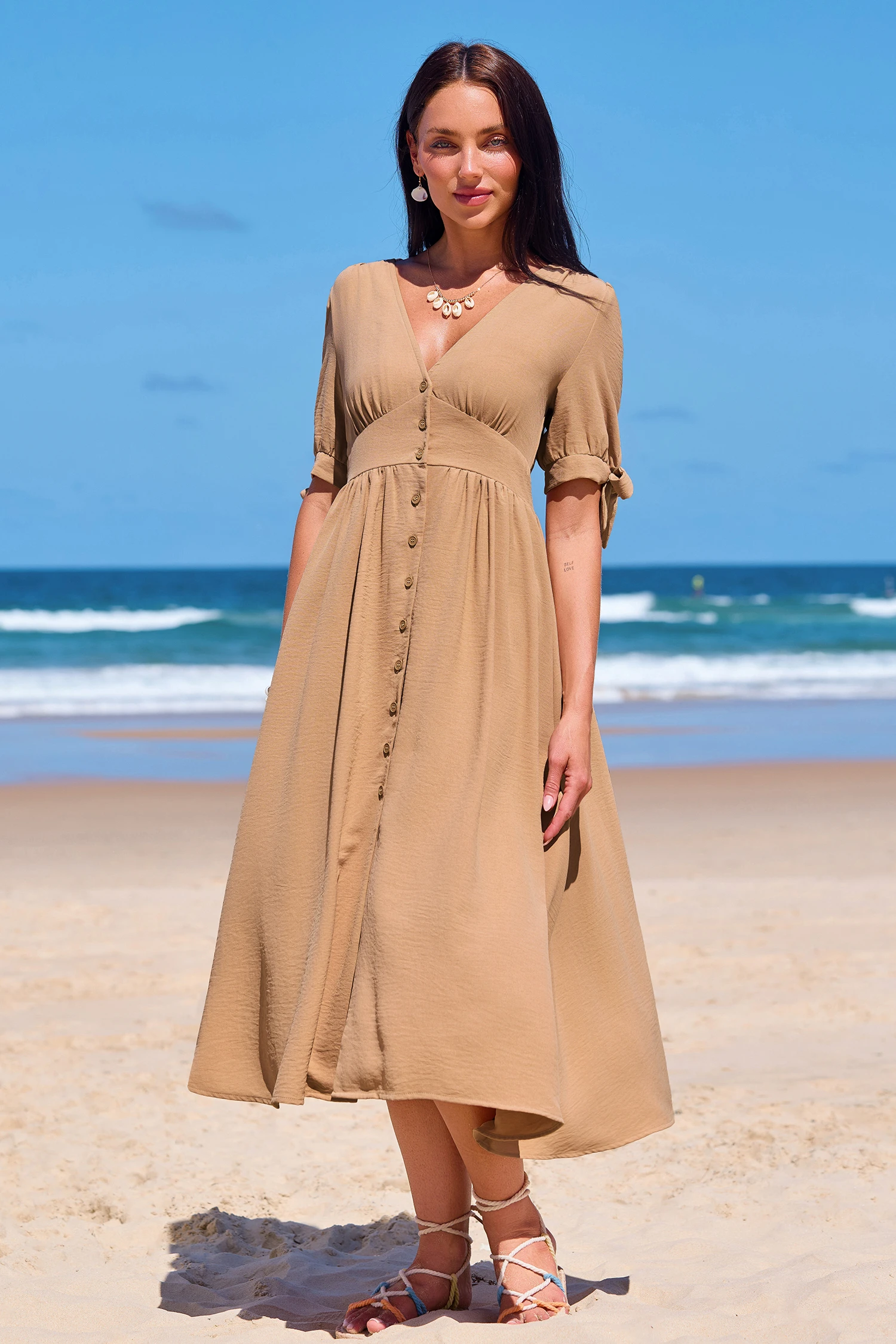 Vintage Details Beige Midi Dress - Neutral