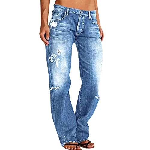Vintage Hole Denim Wide Leg Jeans for Women，Low Waist Button Zip Straight Trousers with Pockets，Y2K Classic Streetwear Jeans Casual Baggy Easy Wear Jeans