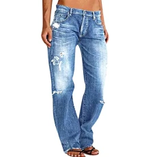 Vintage Hole Denim Wide Leg Jeans for Women，Low Waist Button Zip Straight Trousers with Pockets，Y2K Classic Streetwear Jeans Casual Baggy Easy Wear Jeans
