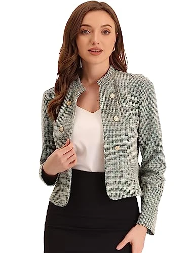 Vintage Tweed Blazer for Women's Stand Collar Work Office Open Front Short Jacket Beige S