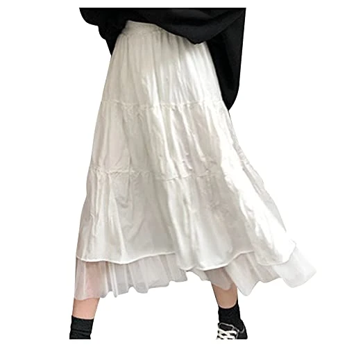 Volantrock Women's Skirt Midi Skirt Elegant Chiffon Fashion Clothing Skirt White Waist Autumn High and Women Winter Skirt Skirts Magazine, White, M