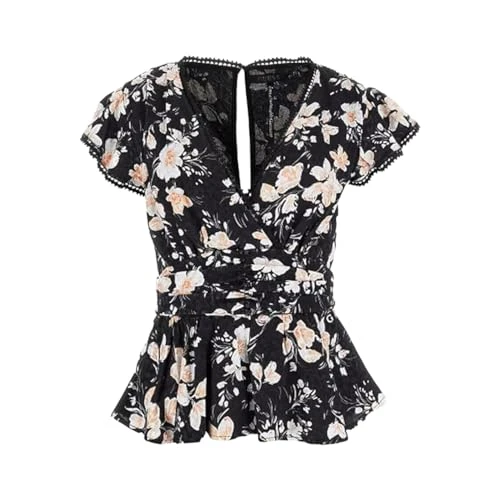 W4GH61WG4T2 Women's Floral Ceremony Event Blouse Top Shirt, Black, L