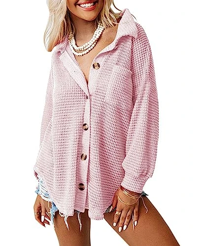 Waffle Knit Shirts Women Jacket Shacket Long Sleeve Blouses Casual Plain Shirt with Pockets Single B