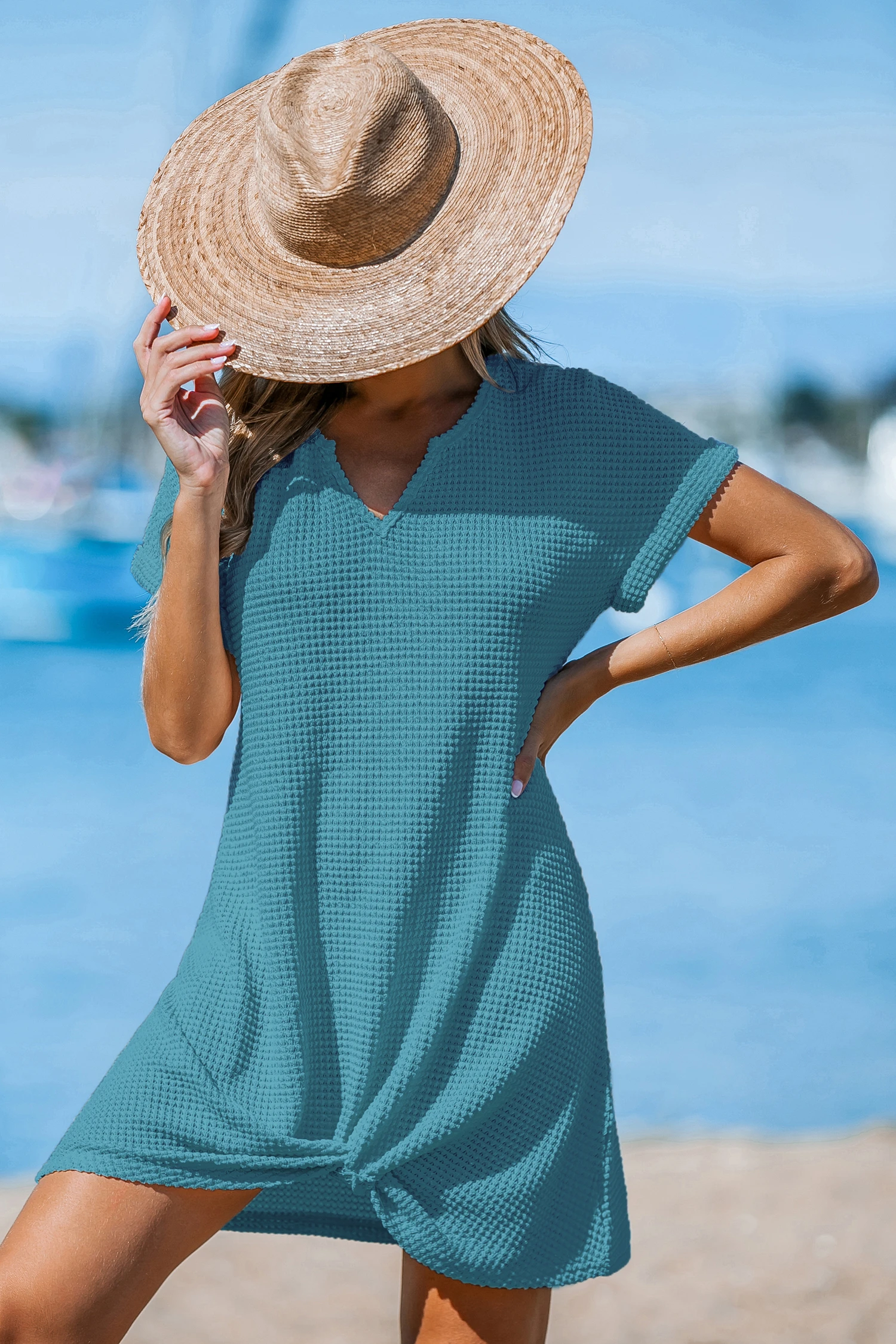 Waffle-Knit Short Sleeve Cover-Up Mini Dress - Blue