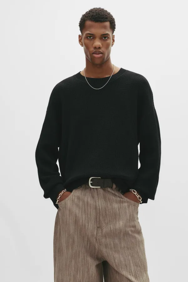 Waffle-Knit Sweater - Black