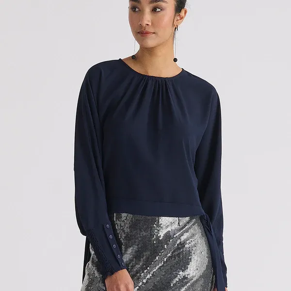 Waist tie top with shirred cuffs