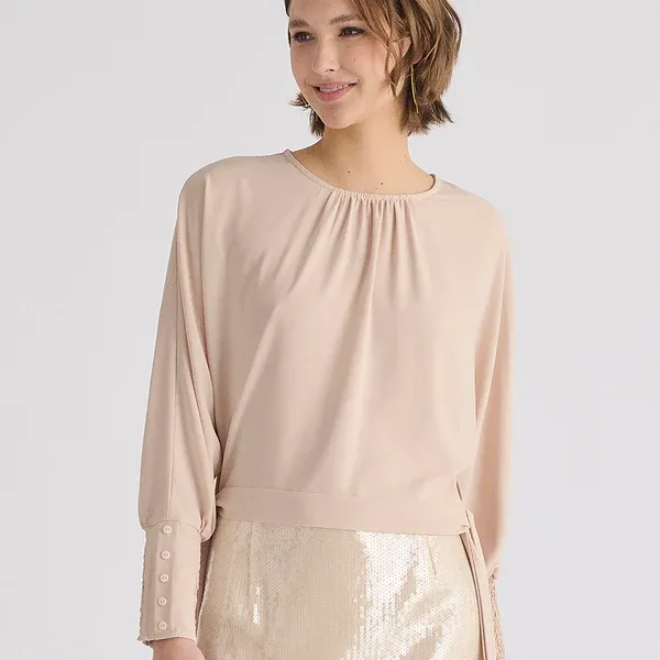 Waist tie top with shirred cuffs