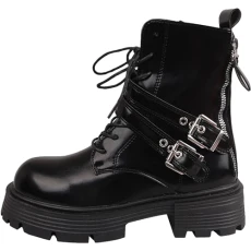 warehouse clearance bargains sale Ladies Fashion Solid Color Side Zipper Belt Buckle Plus Platform Boots Womens Leather Boots Flat black shoes women mens hiking boots walking boots womens