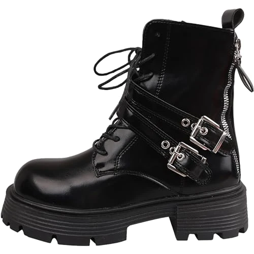 warehouse clearance bargains sale Ladies Fashion Solid Color Side Zipper Belt Buckle Plus Platform Boots Womens Leather Boots Flat black shoes women mens hiking boots walking boots womens