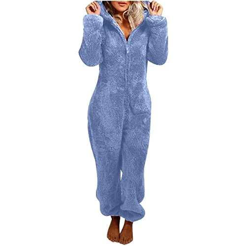 Warm Fleece Jumpsuit Women's Cuddly Jumpsuit Plush Pyjamas Elegant One-Piece Onesie Long Sleeve Plain Pyjamas Fluffy Long Sleep Suit with Hood and Zip Leisure Suit, Z01-blue, M