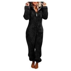 Warm Fleece Jumpsuit Women's Cuddly Jumpsuit Plush Pyjamas Elegant One-Piece Onesie Long Sleeve Plain Pyjamas Fluffy Long Sleep Suit with Hood and Zip Leisure Suit, black, 5X-Large