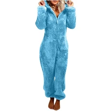 Warm Fleece Jumpsuit Women's Cuddly Jumpsuit Plush Pyjamas Elegant One-Piece Onesie Long Sleeve Plain Pyjamas Fluffy Long Sleep Suit with Hood and Zip Leisure Suit, Z09-Sky Blue, XL Warm Fleece Jumpsuit Women's Cuddly Jumpsuit Plush Pyjamas Elegant One-Piece Onesie Long Sleeve Plain Pyjamas Fluffy Long Sleep Suit with Hood and Zip Leisure Suit, Z09-Sky Blue, XL