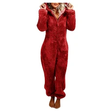 Warm Fleece Jumpsuit Women's Cuddly Jumpsuit Plush Pyjamas Elegant One-Piece Onesie Long Sleeve Plain Pyjamas Fluffy Long Sleep Suit with Hood and Zip Leisure Suit, red, XXL