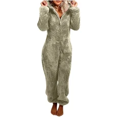 Warm Fleece Jumpsuit Women's Cuddly Jumpsuit Plush Pyjamas Elegant One-Piece Onesie Long Sleeve Plain Pyjamas Fluffy Long Sleep Suit with Hood and Zip Leisure Suit, Z11 grey, XXL