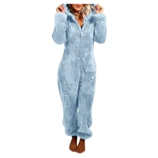 Warm Fleece Jumpsuit Women's Cuddly Jumpsuit Plush Pyjamas Elegant One-Piece Onesie Long Sleeve Plain Pyjamas Fluffy Long Sleep Suit with Hood and Zip Leisure Suit, Z05-blue, M