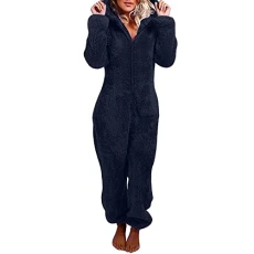 Warm Fleece Jumpsuit Women's Cuddly Jumpsuit Plush Pyjamas Elegant One-Piece Onesie Long Sleeve Plain Pyjamas Fluffy Long Sleep Suit with Hood and Zip Leisure Suit, Z06 Marine, XXXL