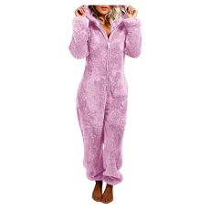 Warm Fleece Jumpsuit Women's Cuddly Jumpsuit Plush Pyjamas Elegant One-Piece Onesie Long Sleeve Plain Pyjamas Fluffy Long Sleep Suit with Hood and Zip Leisure Suit, Z07-purple, XXL