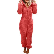Warm Fleece Jumpsuit Women's Cuddly Jumpsuit Plush Pyjamas Elegant One-Piece Onesie Long Sleeve Plain Pyjamas Fluffy Long Sleep Suit with Hood and Zip Leisure Suit, Z10-Watermelon Red, 5X-Large