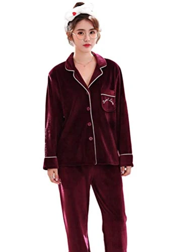 Warm Pyjama Sets 2Pcs for Unisex Thick Printed Long Sleeve Fleece Synthetic Home Lounge Wear (Wine Red(Women), Asia L)