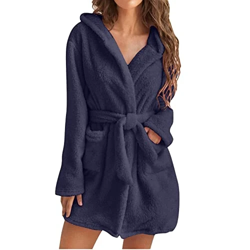 Warm Robes Women Hooded Fleece Bathrobe Lightweight Soft Plush Short Flannel Sleepwear Fleece Bathrobe Plush Soft Robe Ladies Housecoats Sale Clearance