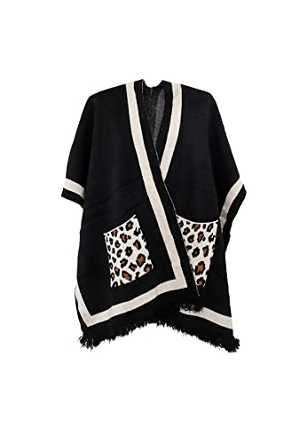 Warm Winter Poncho Wrap Cape Shawl Elegant Loose Cardigan Women MT01 (Black)