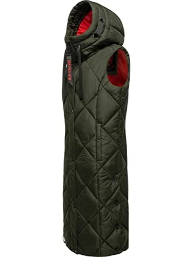 Warm Women's Winter Quilted Gilet Long with Hood Schnuckel XS-XXL, dark olive, M