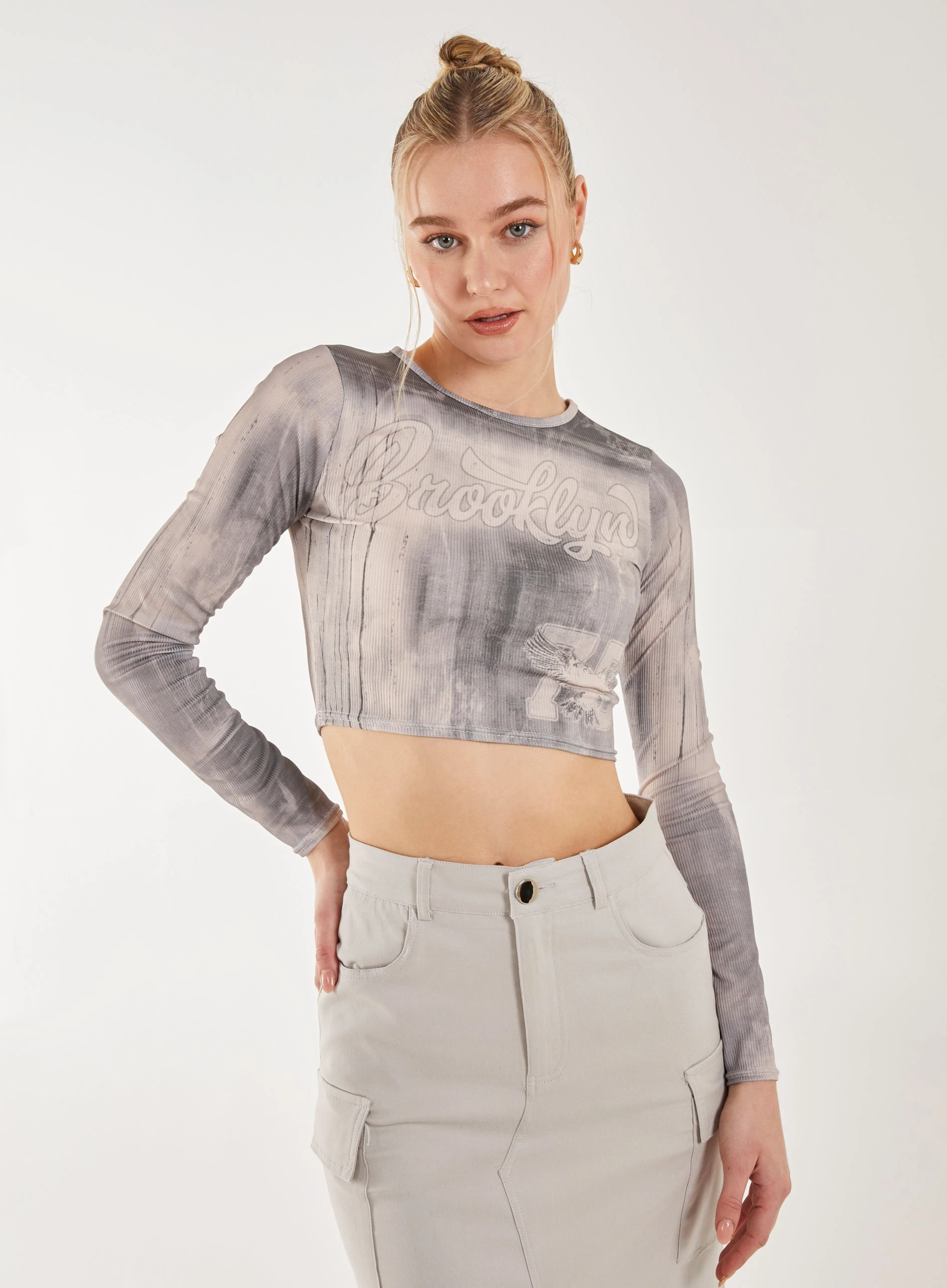 Washed Print Long Sleeve Brooklyn Top  - M/L  - Grey