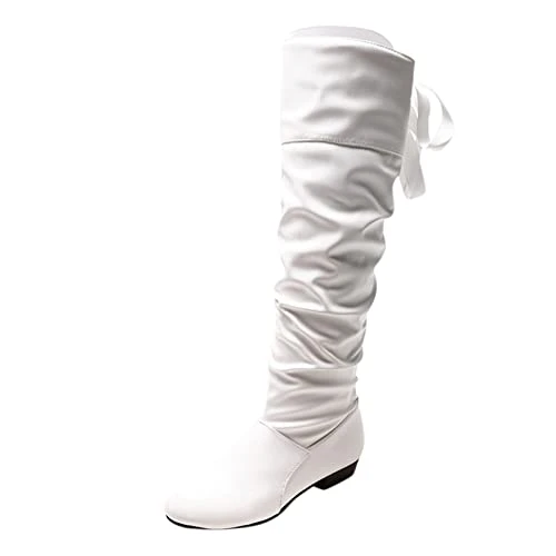 Watch for Warehouse Deals Clearance,Knee High Boots Women Wide Calf,Ladies Vintage Solid Color Leather Top Boots Side Zip Belt Buckle Flat Fashion Long,Sale Clearance White