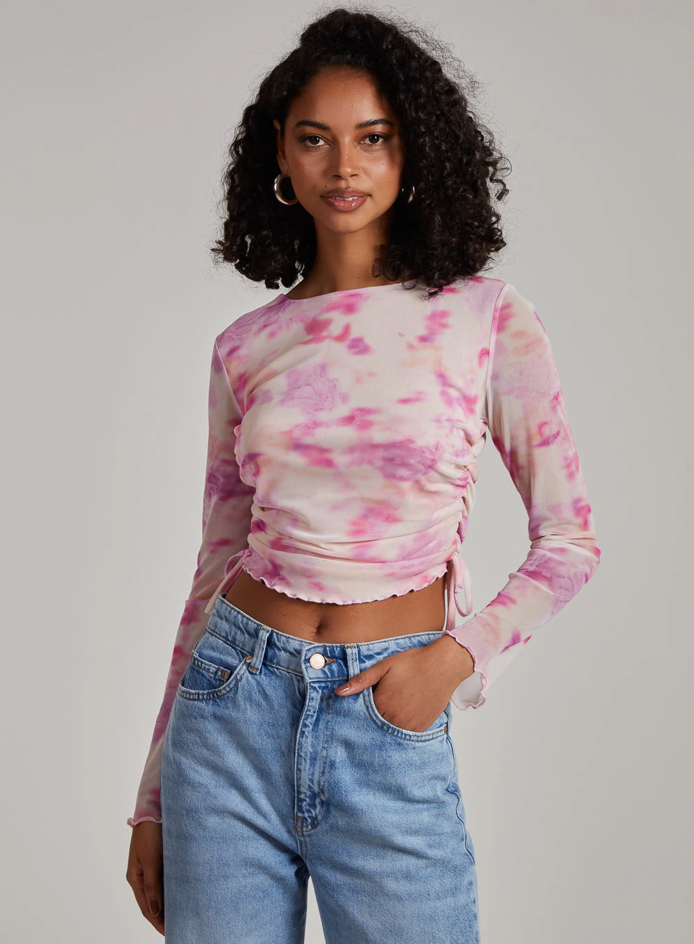 Watercolour Long Sleeve Mesh Crop Top  - S  - Pink