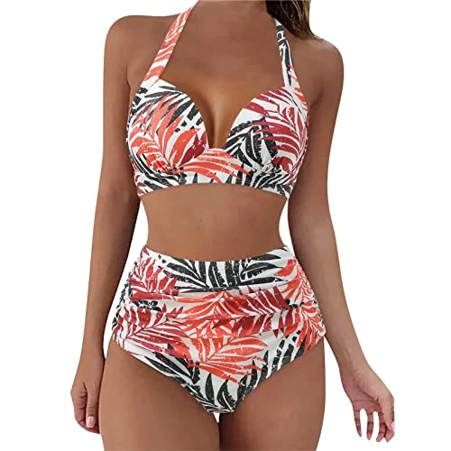 Watermelon Red 50s Bikini Set Two Piece Monokini Swimsuit with Bikini Bottoms Tie Side Thong Bikini Set Push up Bikini Top with Bikini Halter Neck Underwired Padded Bikini Sale Clearance Activewear
